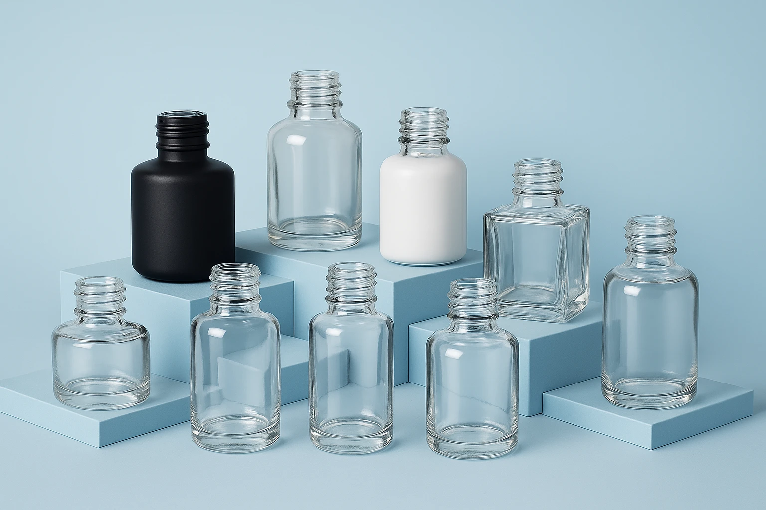 Empty glass bottles for nail polish in clear, matte black, and white on light blue stands
