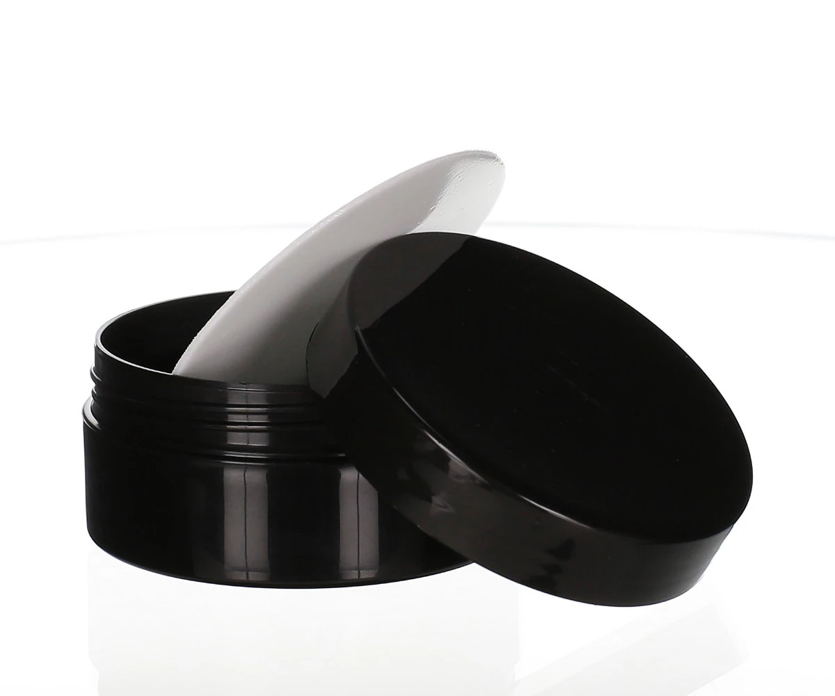 Open 100 ml PP cosmetic jar Anubis black/black with glossy surface and insert disc, ideal for creams and balms