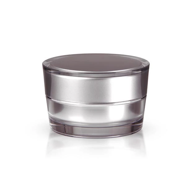 Closed 15ml acrylic jar in glossy silver with transparent outer shell on white background
