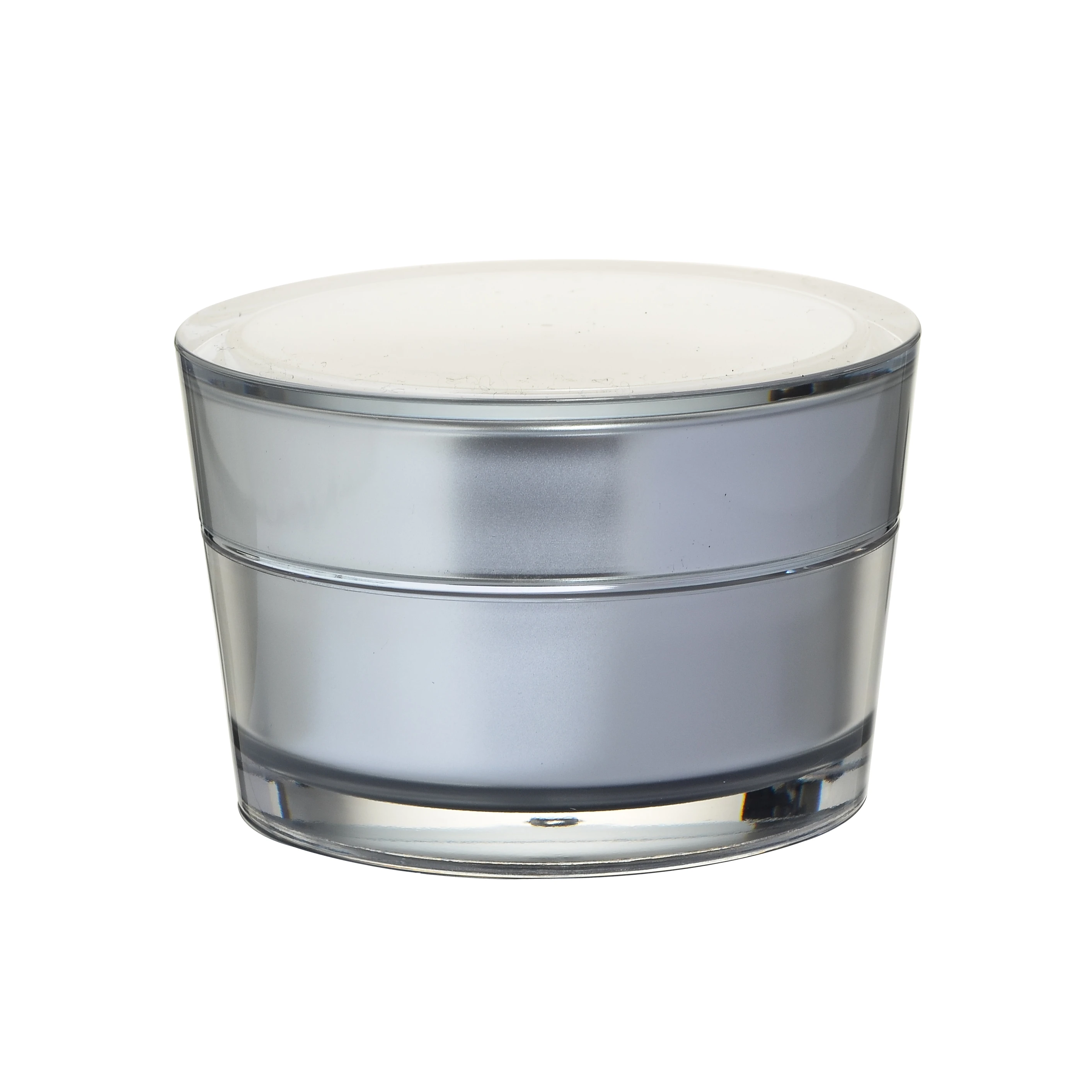 Silver 50ml acrylic jar in tapered shape with glossy surface on white background