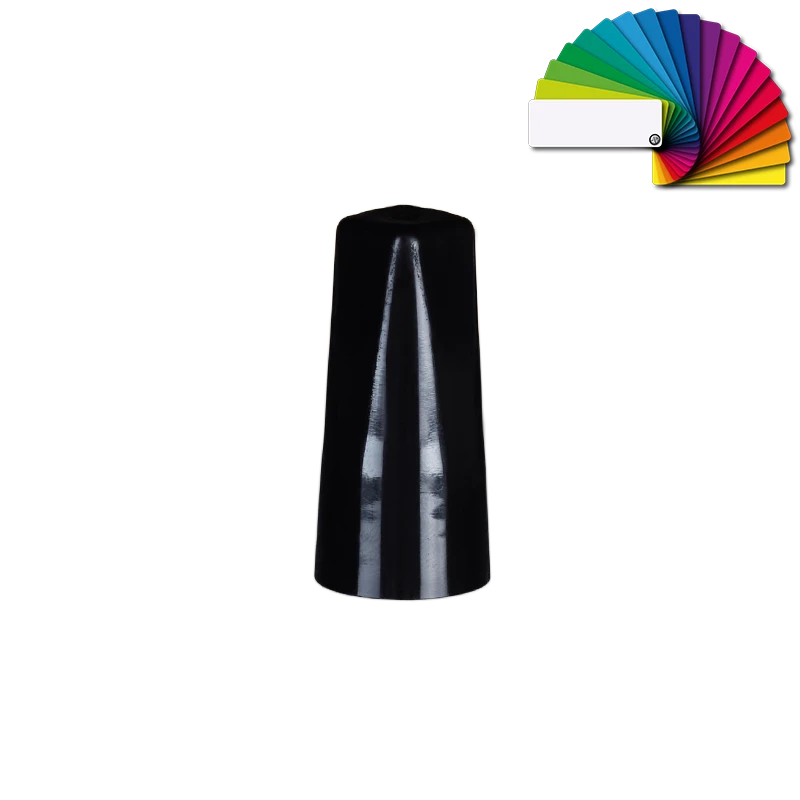 Diana 13/415 Verschlusskappe mit Farboptionen für elegante Flaschen Schwarze glänzende Verschlusskappe Diana 13/415 mit konischer, eleganter Form und Farbfächer zur individuellen Farbgestaltung auf hellem Hintergrund