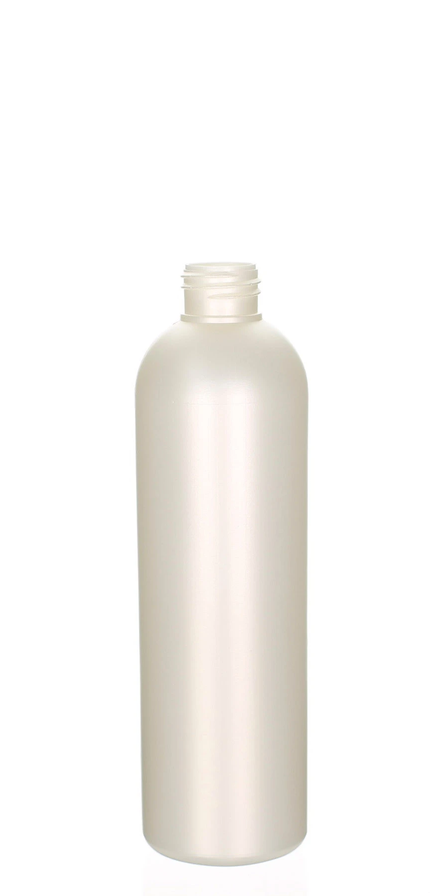 250ml HDPE-Kosmetikflasche in Perlmuttoptik für Spa- und Pflegeprodukte Matte perlmuttfarbene 250ml Kunststoffflasche aus HDPE mit rundem Körper und 24/410 Gewinde auf hellem Hintergrund
