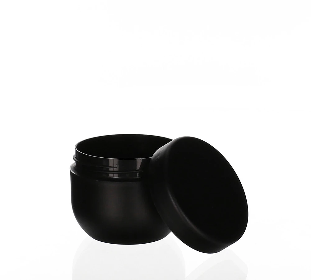 Schwarze Kunststoffdose Claudi 30 ml in konischer Form mit glänzender Oberfläche und rundem Deckel auf weißem Hintergrund