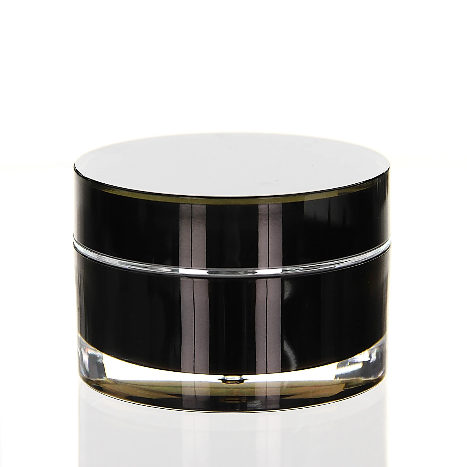 Closed 50ml acrylic jar in black with glossy finish on bright surface