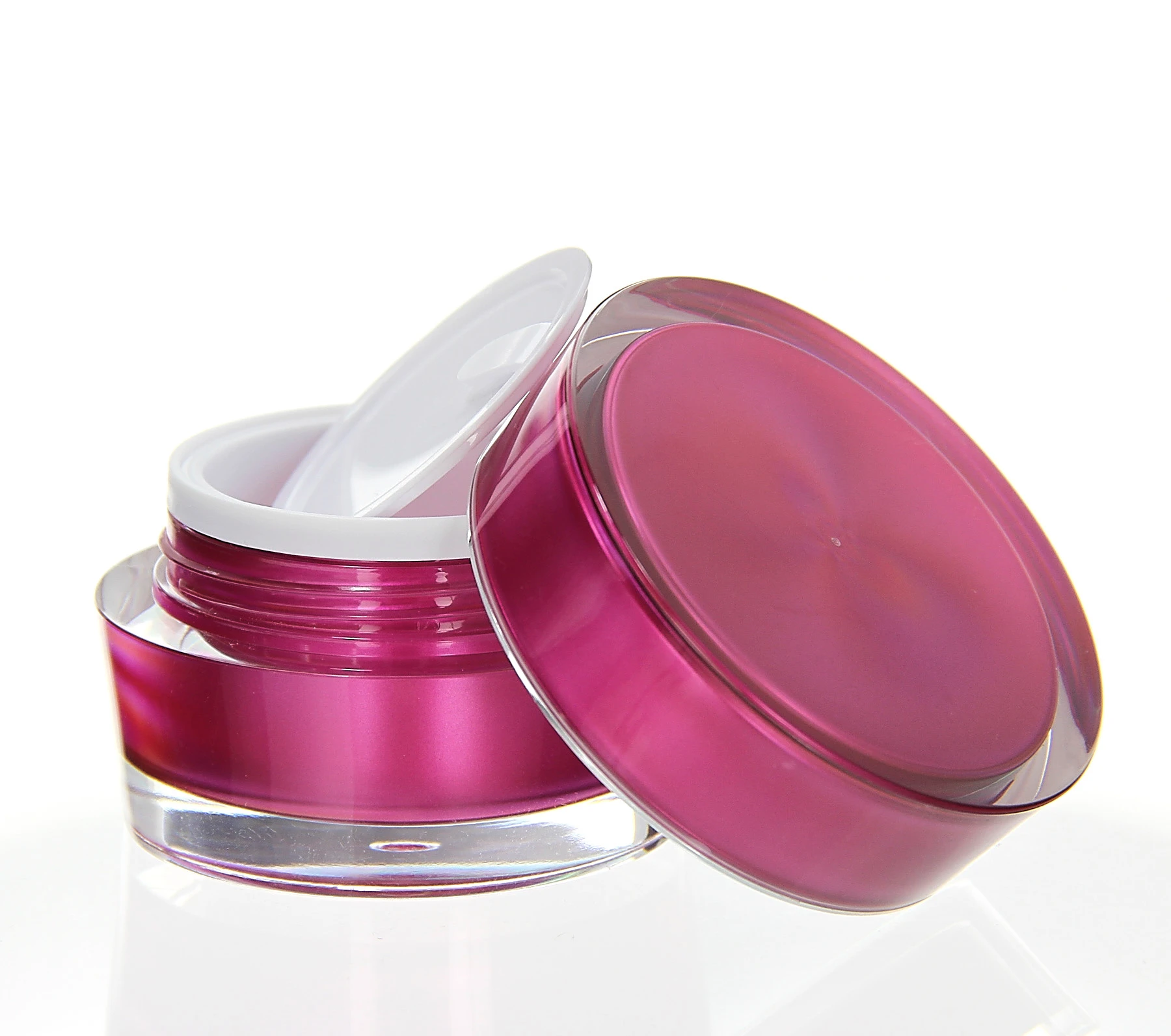 Open 30ml pink acrylic jar in tapered shape with white sealing insert and glossy finish