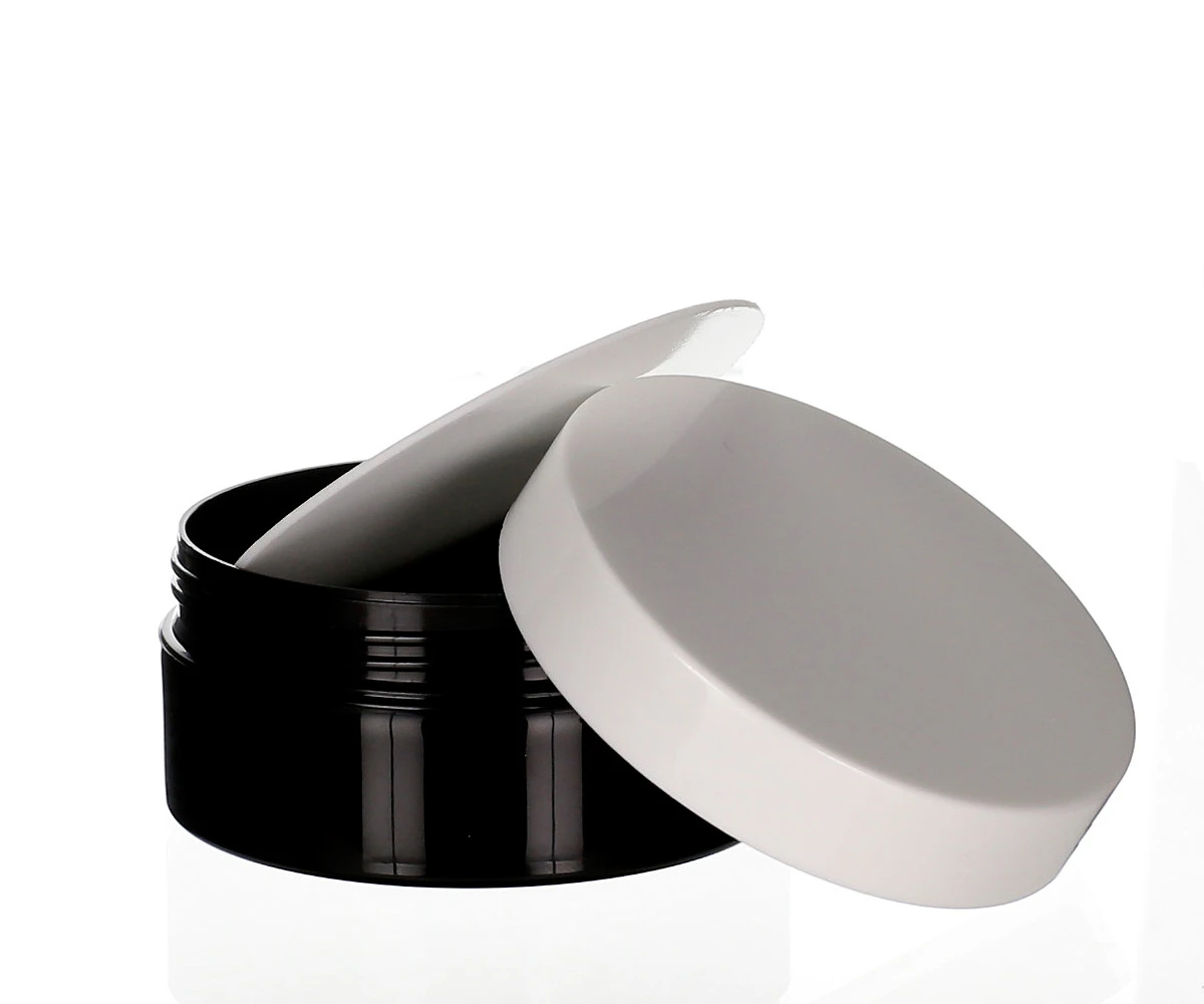 Open 100 ml PP cosmetic jar Anubis black/white with insert disc and glossy surface, perfect for creams and balms