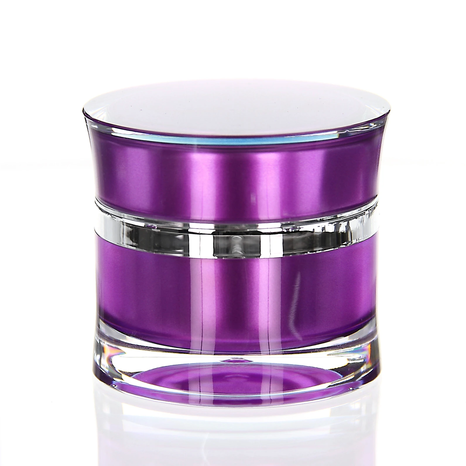 Closed 50ml Ocean acrylic jar in glossy purple with silver ring on light surface