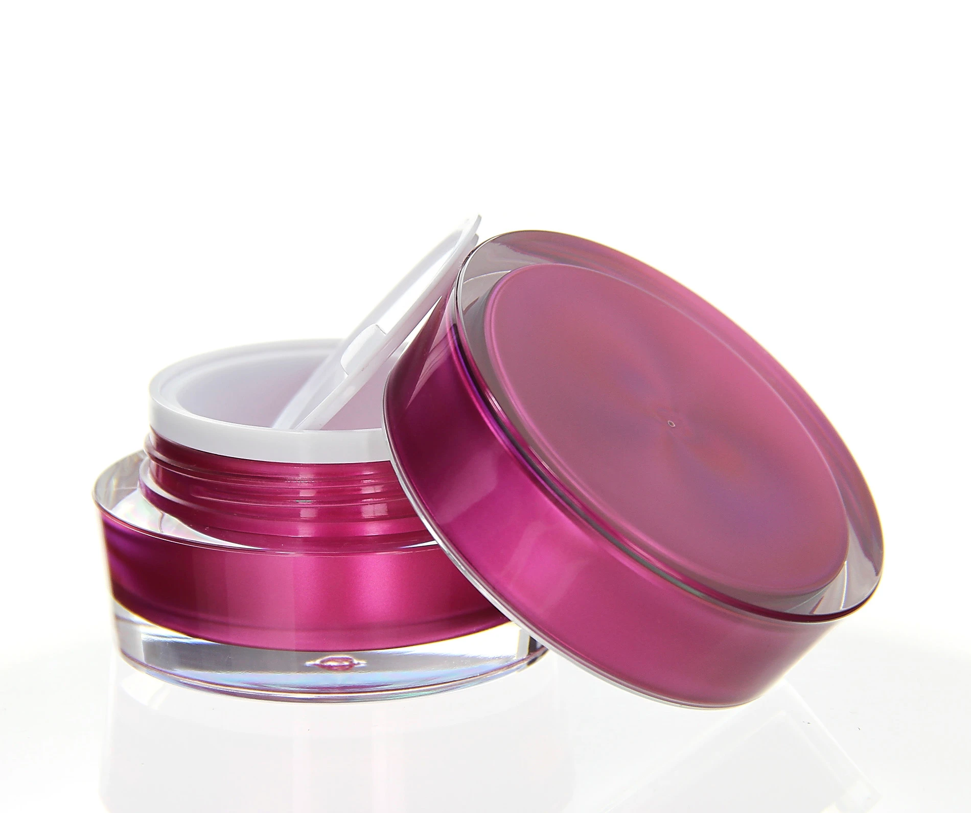 Open 15ml acrylic jar in glossy pink with white inner lid on bright surface