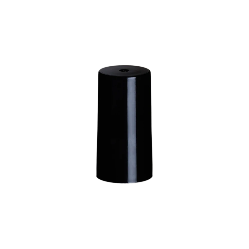 Zylindrischer Schraubverschluss Cyber 13/1005 in Schwarz mit Glanzfinish für Nagellackflaschen Schwarzer zylindrischer Schraubverschluss Cyber 13/1005 mit glänzender Oberfläche und leicht abgerundetem Deckel auf neutralem Hintergrund