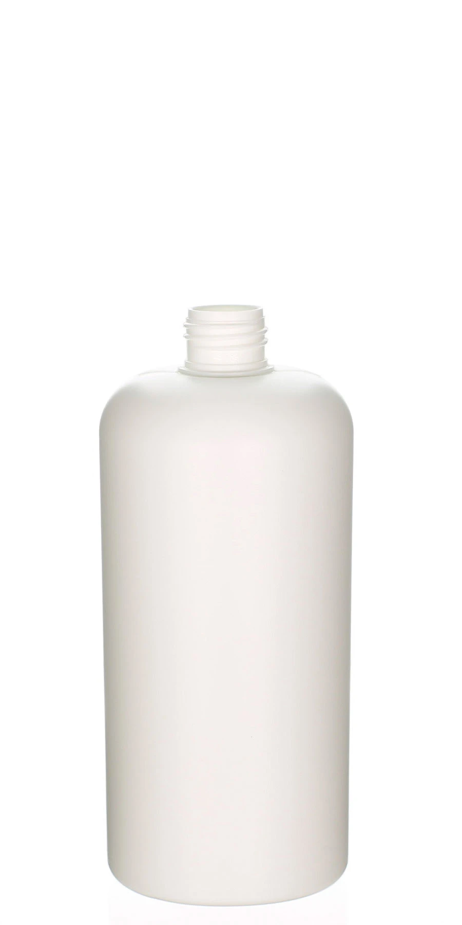 Matte white 500ml HDPE plastic bottle with round body and 24/410 neck on light background