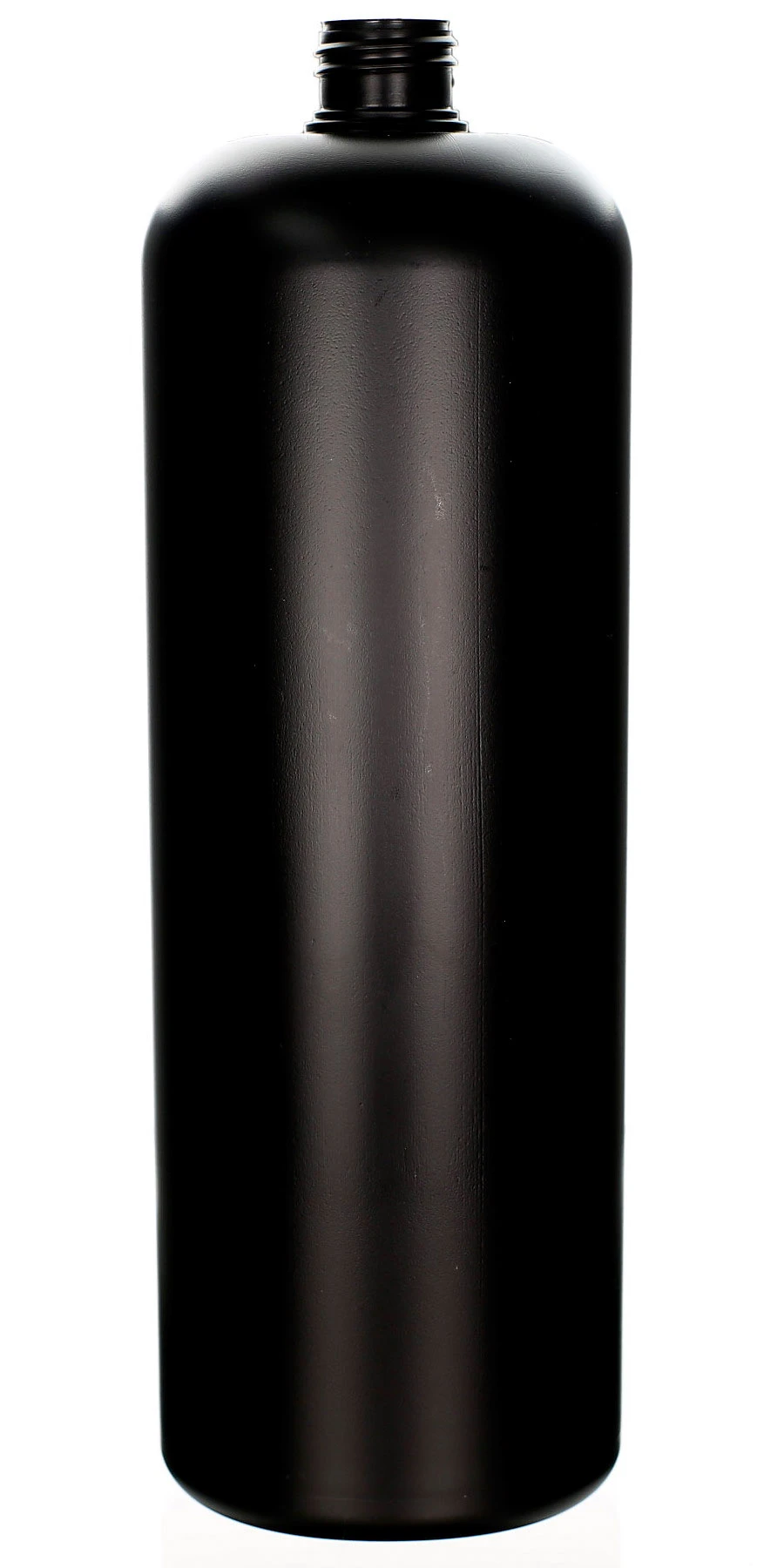 1000ml HDPE-Kosmetikflasche in mattem Schwarz für Refill- und Spa-Produkte Mattschwarze 1000ml Kunststoffflasche aus HDPE mit rundem Körper und 24/410 Gewinde auf weißem Hintergrund
