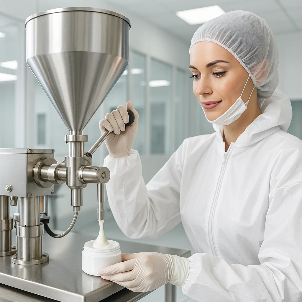 Woman in protective clothing manually filling cream into a cosmetic jar using a filling machine