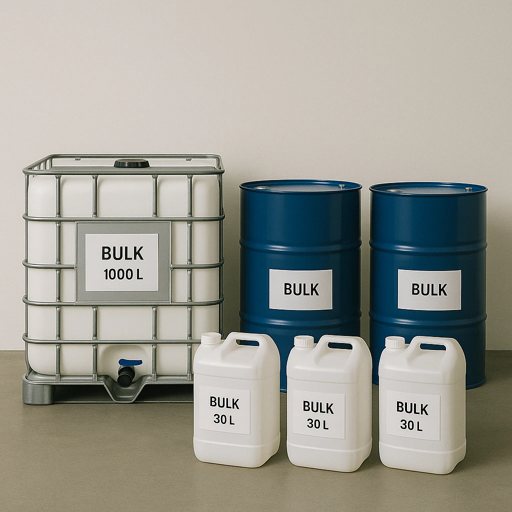 IBC container, barrels, and canisters labeled “Bulk” for large-volume storage