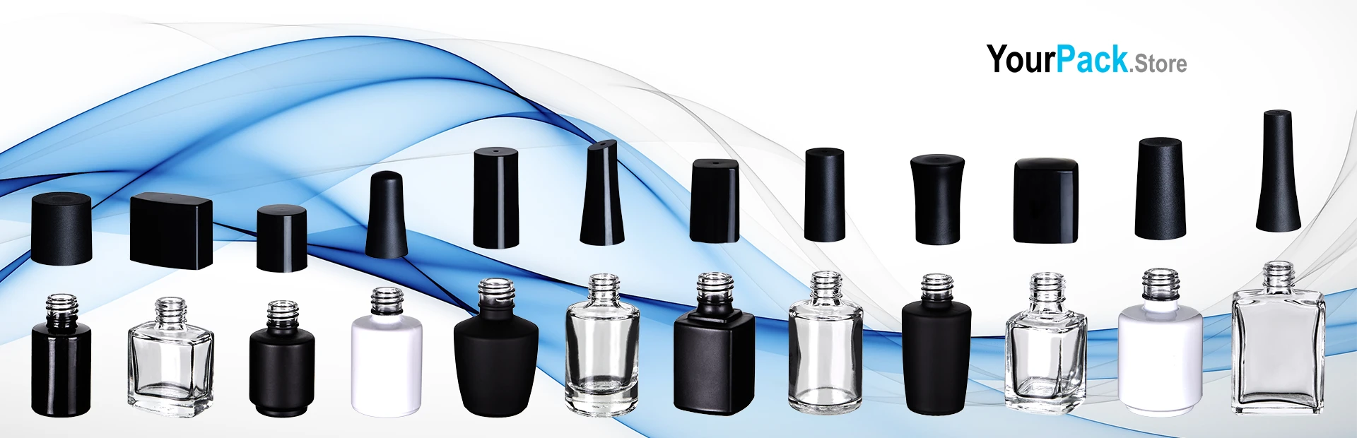 Various empty nail polish bottles with matching black caps on a blue and white background