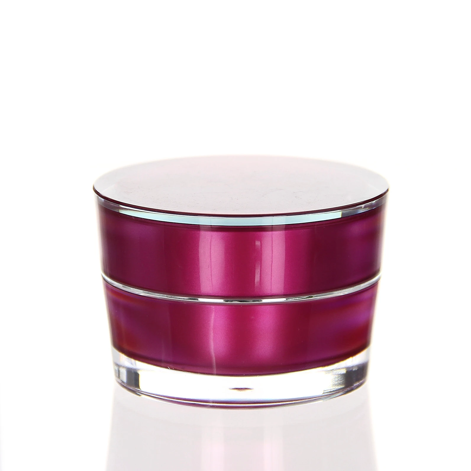 Closed 30ml acrylic jar in glossy pink with conical shape on white background