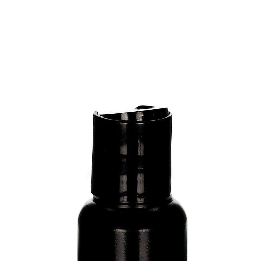 20/410 Disc Top Verschluss in Schwarz für Kosmetik- und Pflegeflaschen Schwarzer 20/410 Disc Top Verschluss aus Polypropylen mit glänzender Oberfläche auf weißem Hintergrund